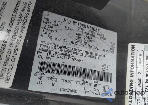 2007 Ford Expedition Eddie Bauer z USA, uszkodzony, nr VIN 1FMFU18517LA74455